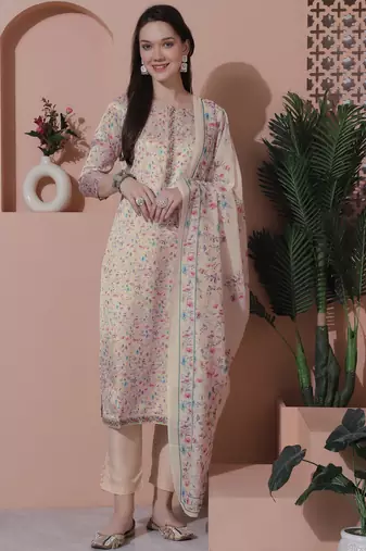 cream satin digital printed dress material