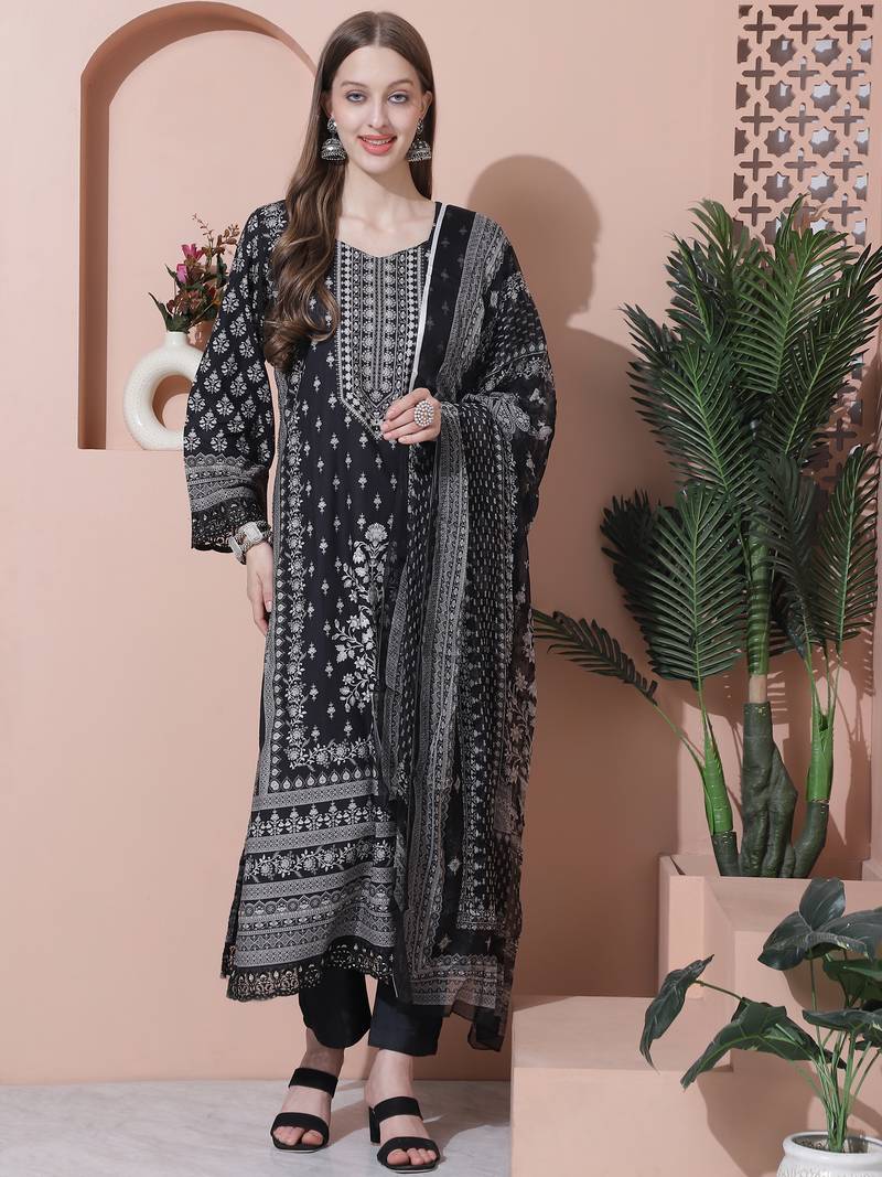 Stylee lifestyle black pure cotton digital printed dress material