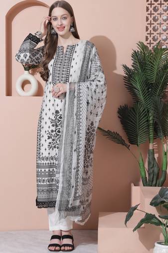 Stylee lifestyle off white pure cotton digital printed dress material