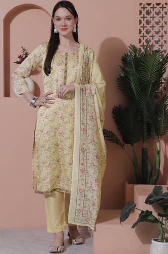 yellow satin digital printed dress material