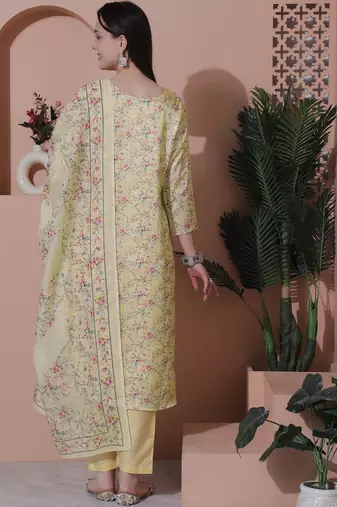 yellow satin digital printed dress material