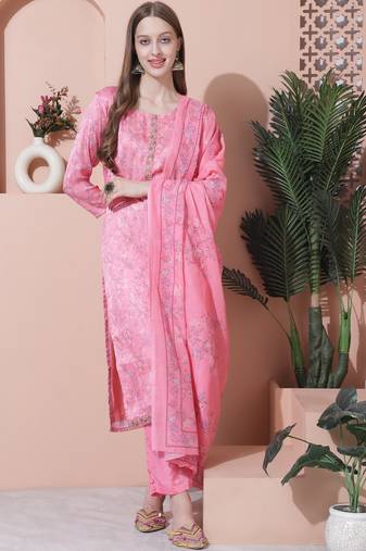 pink satin digital printed dress material