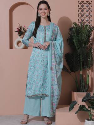turquise satin digital printed dress material 1
