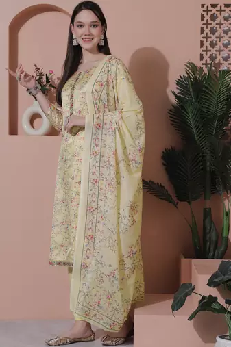 yellow satin digital printed dress material