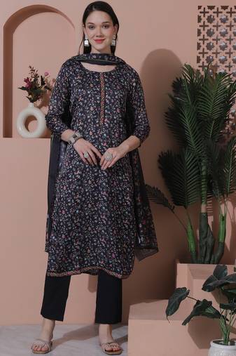 Stylee lifestyle black satin digital printed dress material