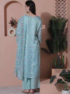 turquise satin digital printed dress material 2