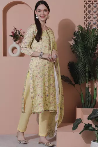 yellow satin digital printed dress material