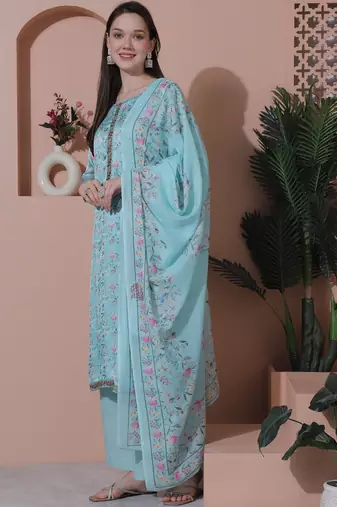 turquise satin digital printed dress material
