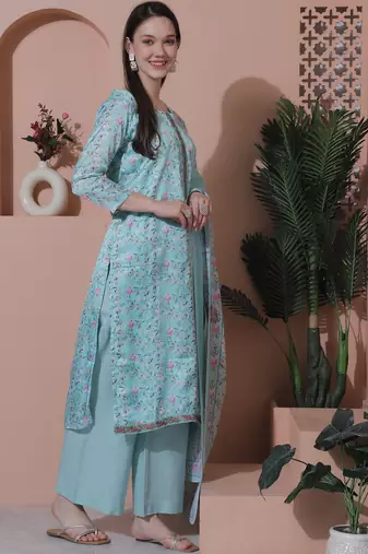 turquise satin digital printed dress material