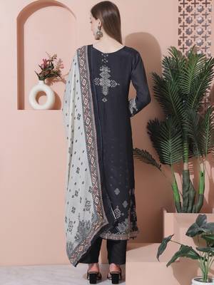 charcoal black muslin embroidered dress material 2