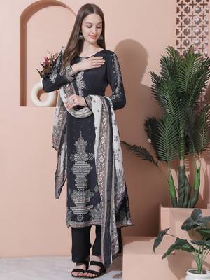 charcoal black muslin embroidered dress material 3