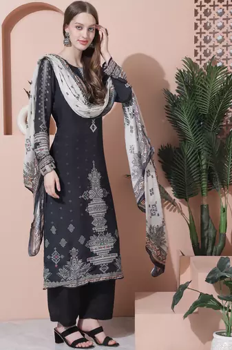 charcoal black muslin embroidered dress material