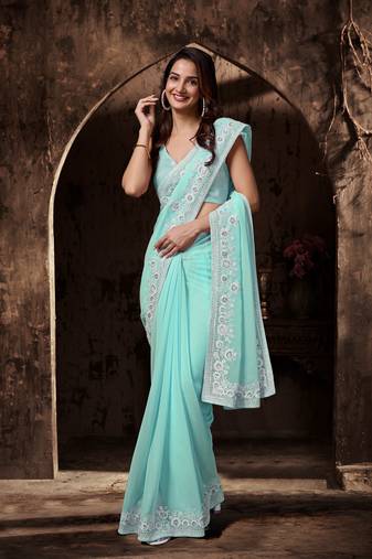 Plain Turquiose saree With Designer Floral Zari Embroidery Work 