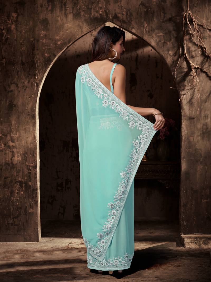 Plain Turquiose saree With Designer Floral Zari Embroidery Work 