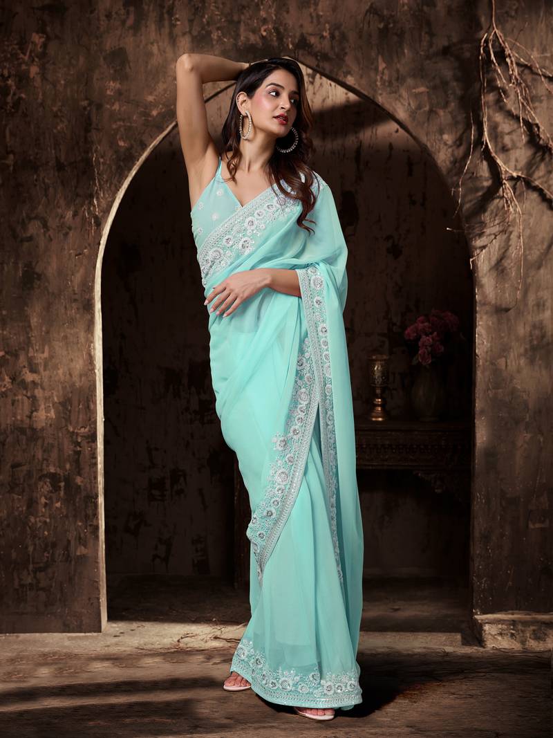 Plain Turquiose saree With Designer Floral Zari Embroidery Work 