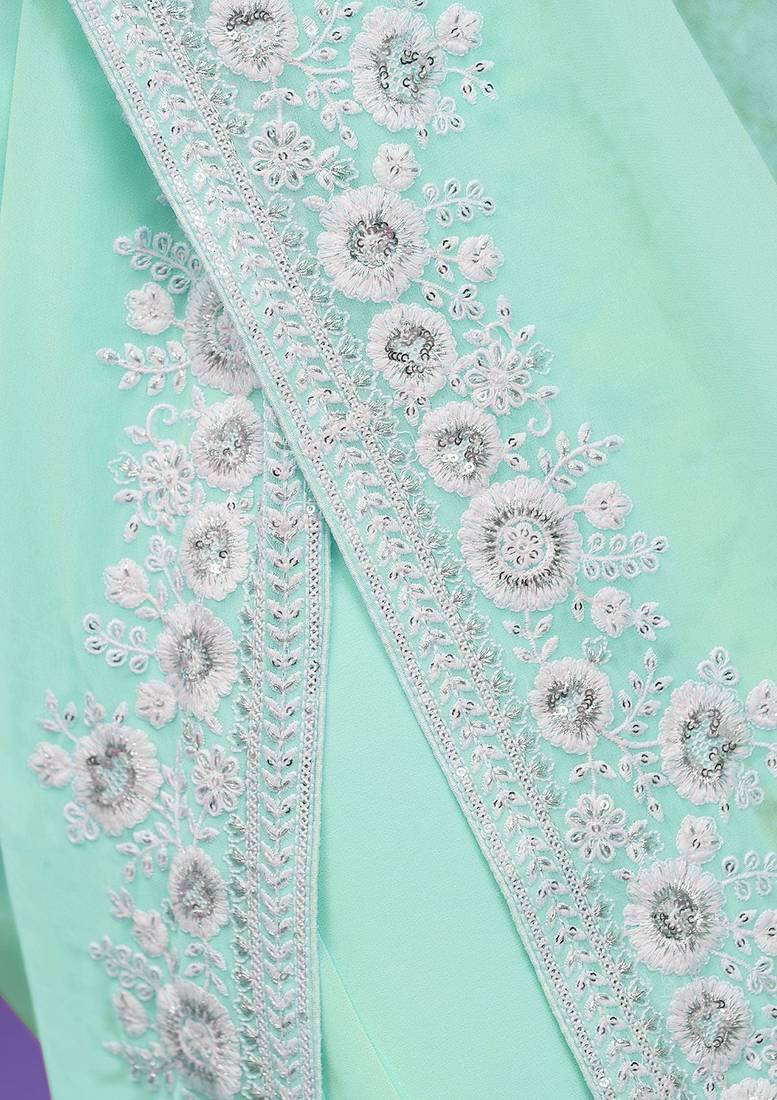 Plain Turquiose saree With Designer Floral Zari Embroidery Work 