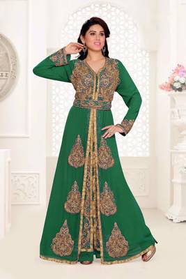 Dark-Green color Handmade Moroccan Kaftan with hijjab   1