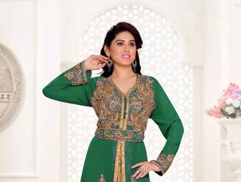 Dark-Green color Handmade Moroccan Kaftan with hijjab   2