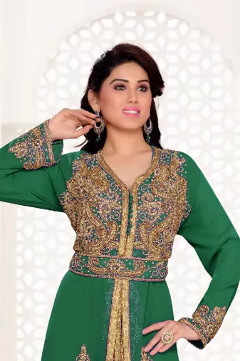 Dark-Green color Handmade Moroccan Kaftan with hijjab  
