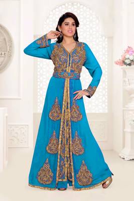 Cyan color Full Sleeves Handmade Moroccan Kaftan with hijjab 1