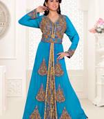 Cyan color luxurious Full Sleeves Handmade Moroccan Kaftan with hijjab