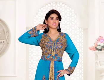 Cyan color Full Sleeves Handmade Moroccan Kaftan with hijjab 2