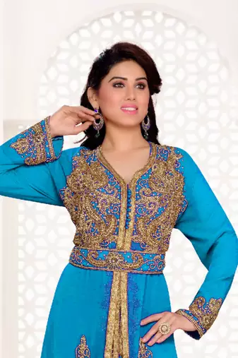 Cyan color Full Sleeves Handmade Moroccan Kaftan with hijjab