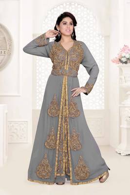 Grey color Full Sleeves Handmade Moroccan Kaftan with hijjab 1