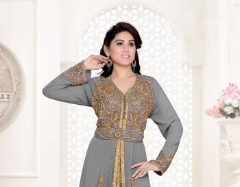 Grey color Full Sleeves Handmade Moroccan Kaftan with hijjab 2