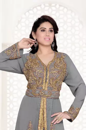 Grey color Full Sleeves Handmade Moroccan Kaftan with hijjab