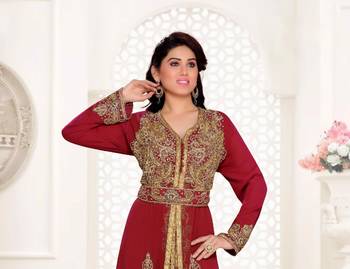 Maroon color Full Sleeves Handmade Moroccan Kaftan with hijjab 2