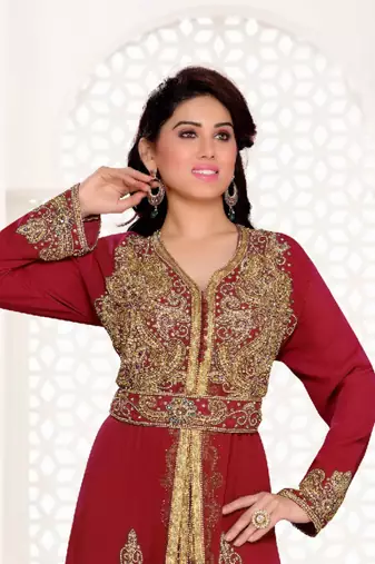 Maroon color Full Sleeves Handmade Moroccan Kaftan with hijjab