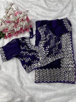 Navy Blue Colour Pure Zimmy Choo Silk Heavy Work  Saree With Fully Stitched Blouse (42 Size ) 1