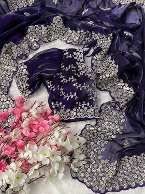 Navy Blue Colour Pure Zimmy Choo Silk Heavy Work  Saree With Fully Stitched Blouse (42 Size ) 2