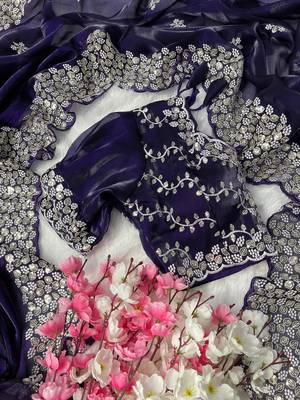 Navy Blue Colour Pure Zimmy Choo Silk Heavy Work  Saree With Fully Stitched Blouse (42 Size ) 3