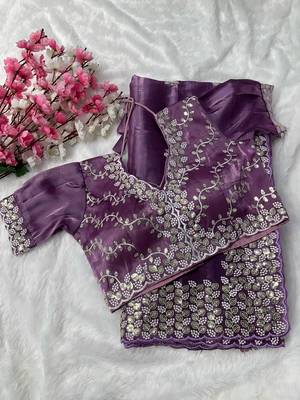 Purple Colour Pure Zimmy Choo Silk Heavy Work  Saree With Fully Stitched Blouse (42 Size ) 1