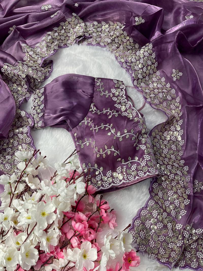 Purple Colour Pure Zimmy Choo Silk Heavy Work  Saree With Fully Stitched Blouse (42 Size )