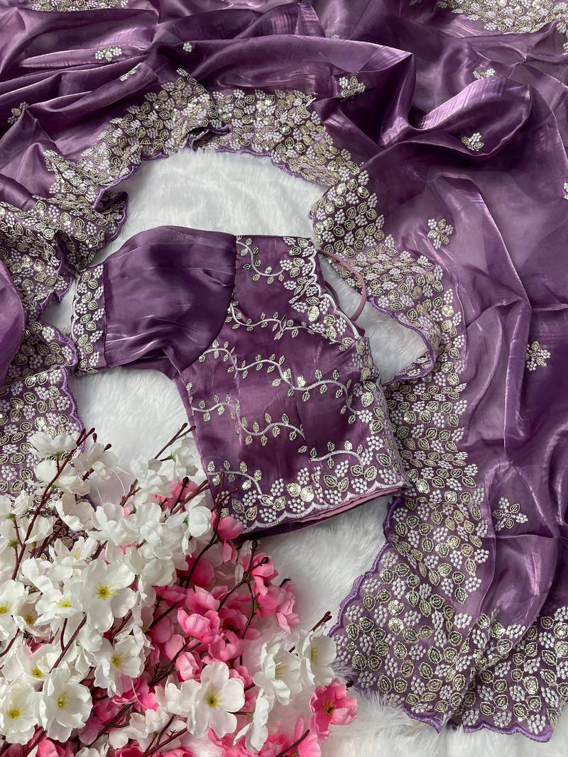 Purple Colour Pure Zimmy Choo Silk Heavy Work  Saree With Fully Stitched Blouse (42 Size )