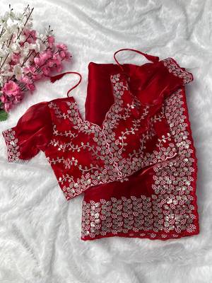 Red Colour Pure Zimmy Choo Silk Heavy Work  Saree With Fully Stitched Blouse (42 Size ) 2