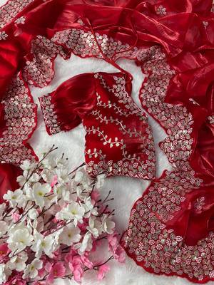 Red Colour Pure Zimmy Choo Silk Heavy Work  Saree With Fully Stitched Blouse (42 Size ) 3