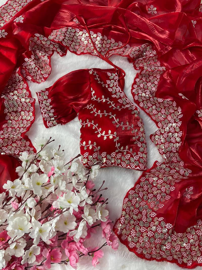 Red Colour Pure Zimmy Choo Silk Heavy Work  Saree With Fully Stitched Blouse (42 Size )