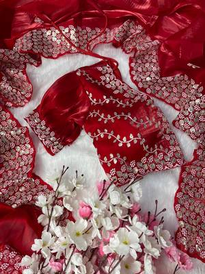 Red Colour Pure Zimmy Choo Silk Heavy Work  Saree With Fully Stitched Blouse (42 Size ) 1