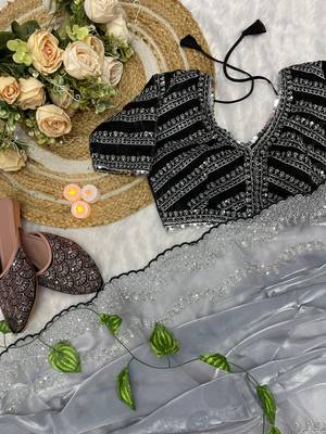 Grey Colour Wedding Wear Zimmi Choo Silk Heavy Work Saree With Stitched Blouse (42) 2