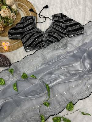 Grey Colour Wedding Wear Zimmi Choo Silk Heavy Work Saree With Stitched Blouse (42) 3