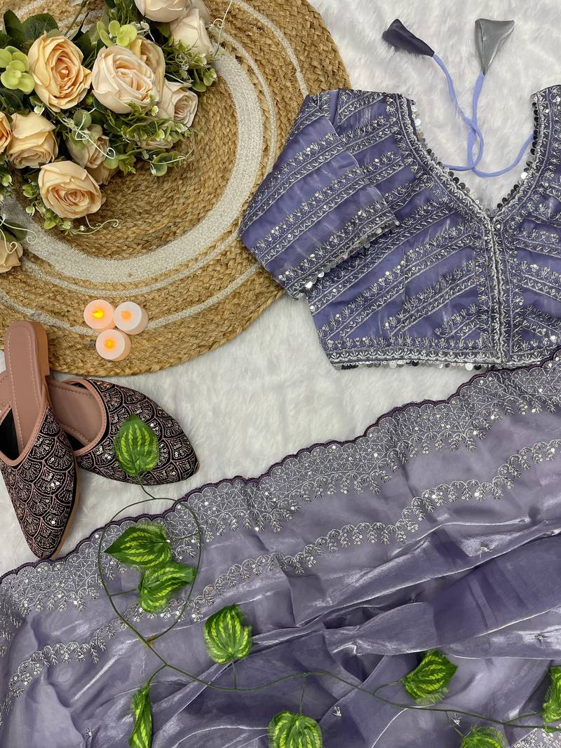 Lavender Colour Wedding Wear Zimmi Choo Silk Heavy Work Saree With Stitched Blouse (42)
