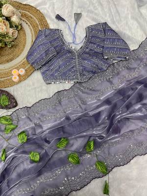 Lavender Colour Wedding Wear Zimmi Choo Silk Heavy Work Saree With Stitched Blouse (42) 3