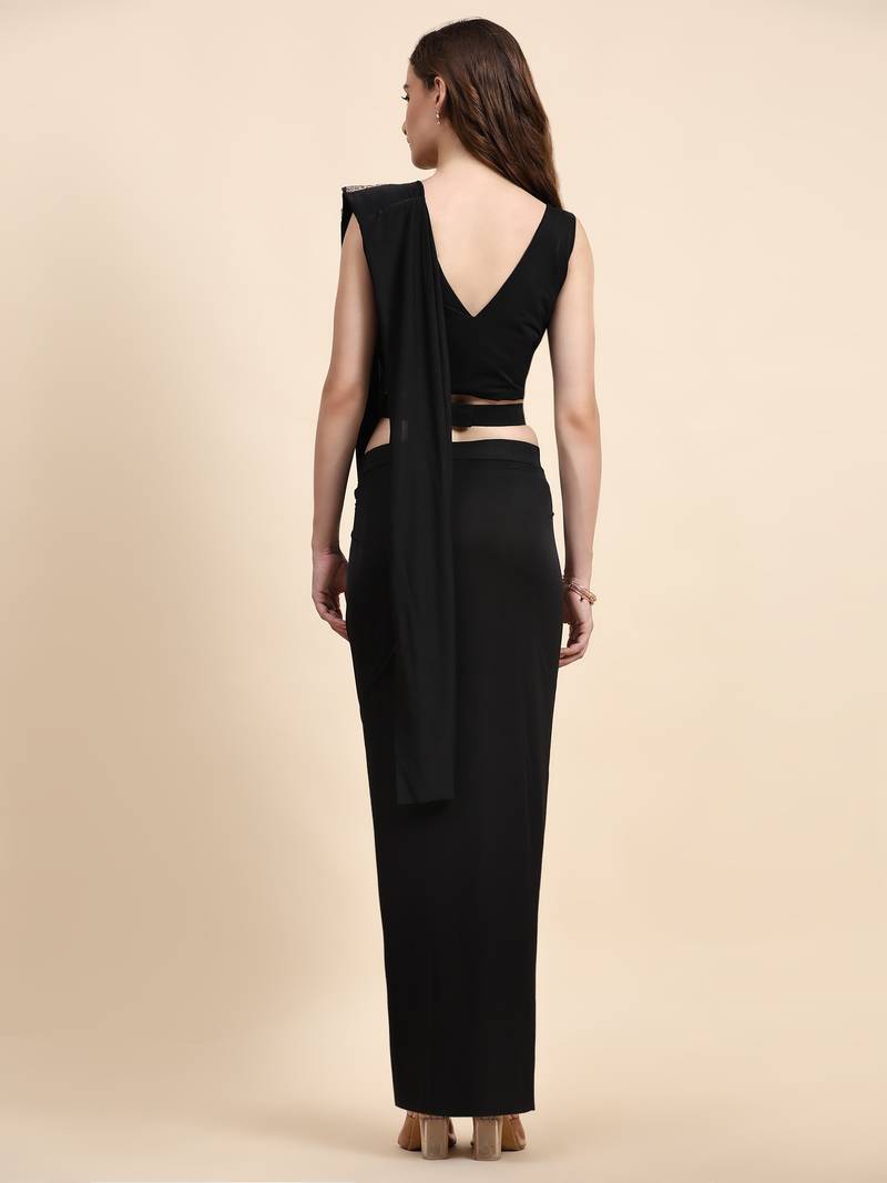 Black imported crystle solid ready to wear saree with stitched blouse