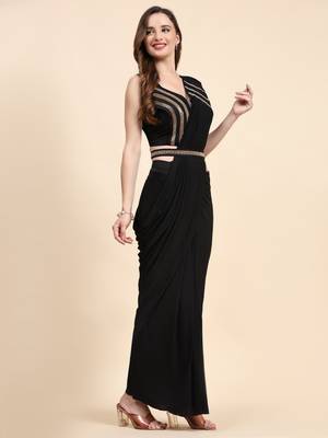 Black imported crystle solid ready to wear saree with stitched blouse 3