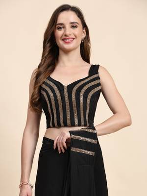 Black imported crystle solid ready to wear saree with stitched blouse 4