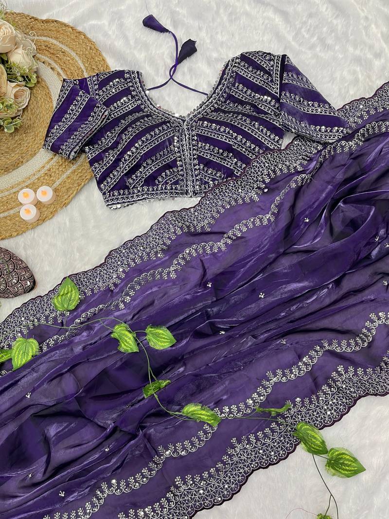 Violet Colour Wedding Wear Zimmi Choo Silk Heavy Work Saree With Stitched Blouse (42)